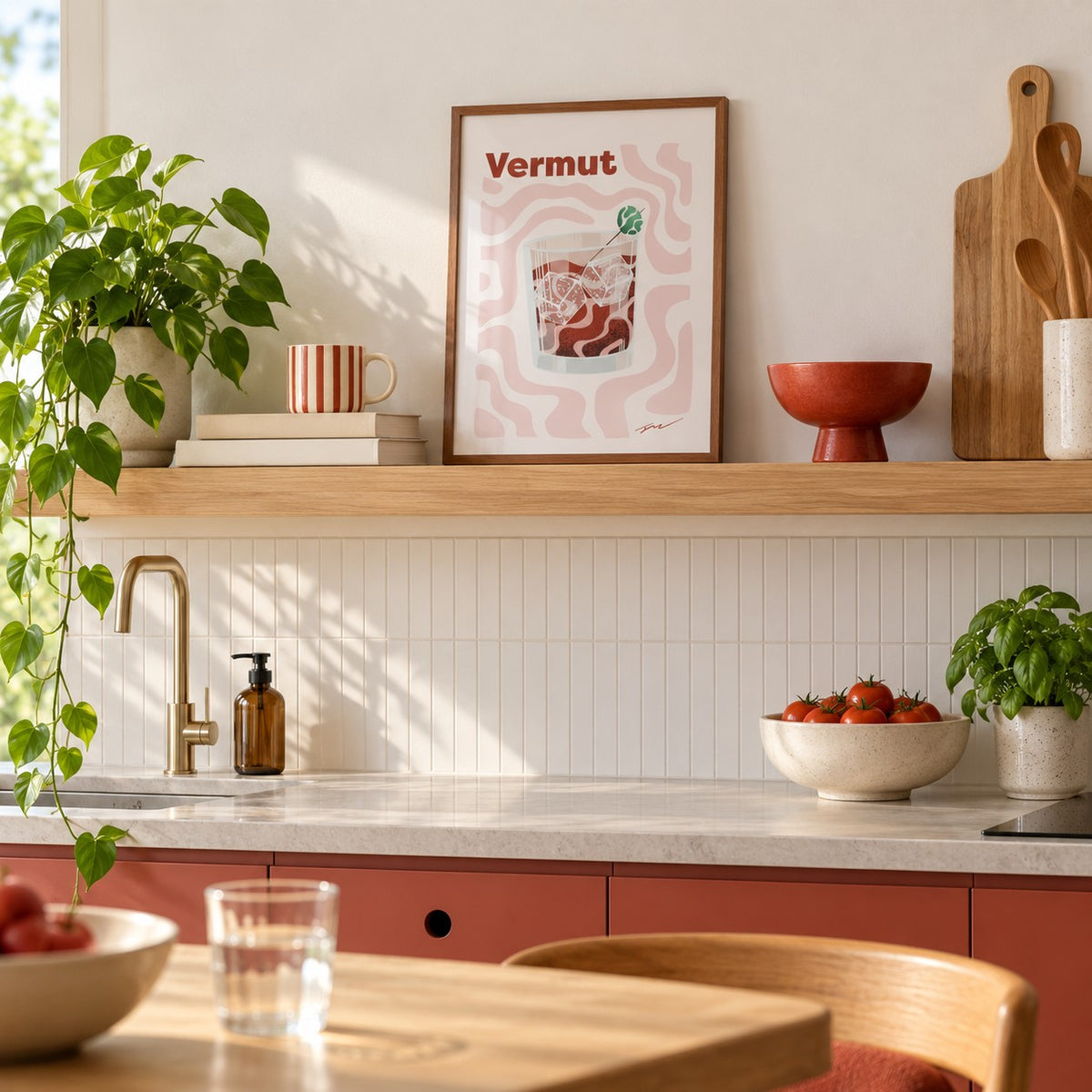 Vermouth Print in the small A4 size, leaning on a kitchen shelf (frame not included)