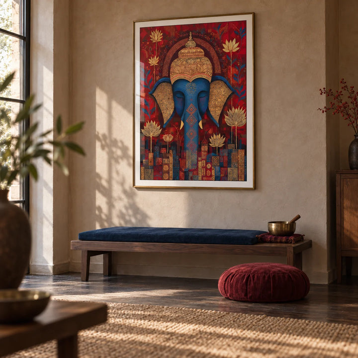 Vibrant Buddha Wall Art, framed on the wall of a quiet meditation room in a grown-up UK home with muted clay plaster walls and a dark timber floor