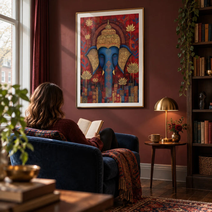 Vibrant Buddha Wall Art, framed on the wall of a rich but uncluttered reading corner in a UK townhouse with a muted burgundy wall and dark wooden floorboards in a living room