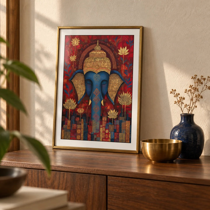 Vibrant Buddha Wall Art, a small A4 framed print leaning on a walnut sideboard in a living room