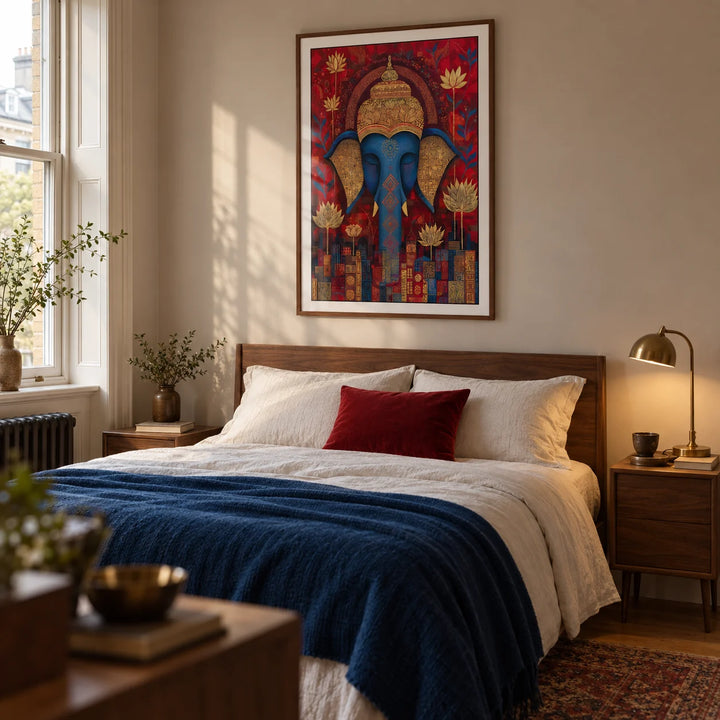 Vibrant Buddha Wall Art, framed on the wall of a warm bedroom in a UK period flat with pale mushroom walls and simple walnut furniture