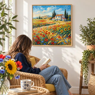 Vibrant Countryside Wall Art, framed on the wall of a bright garden sunroom with a white wall in a living room