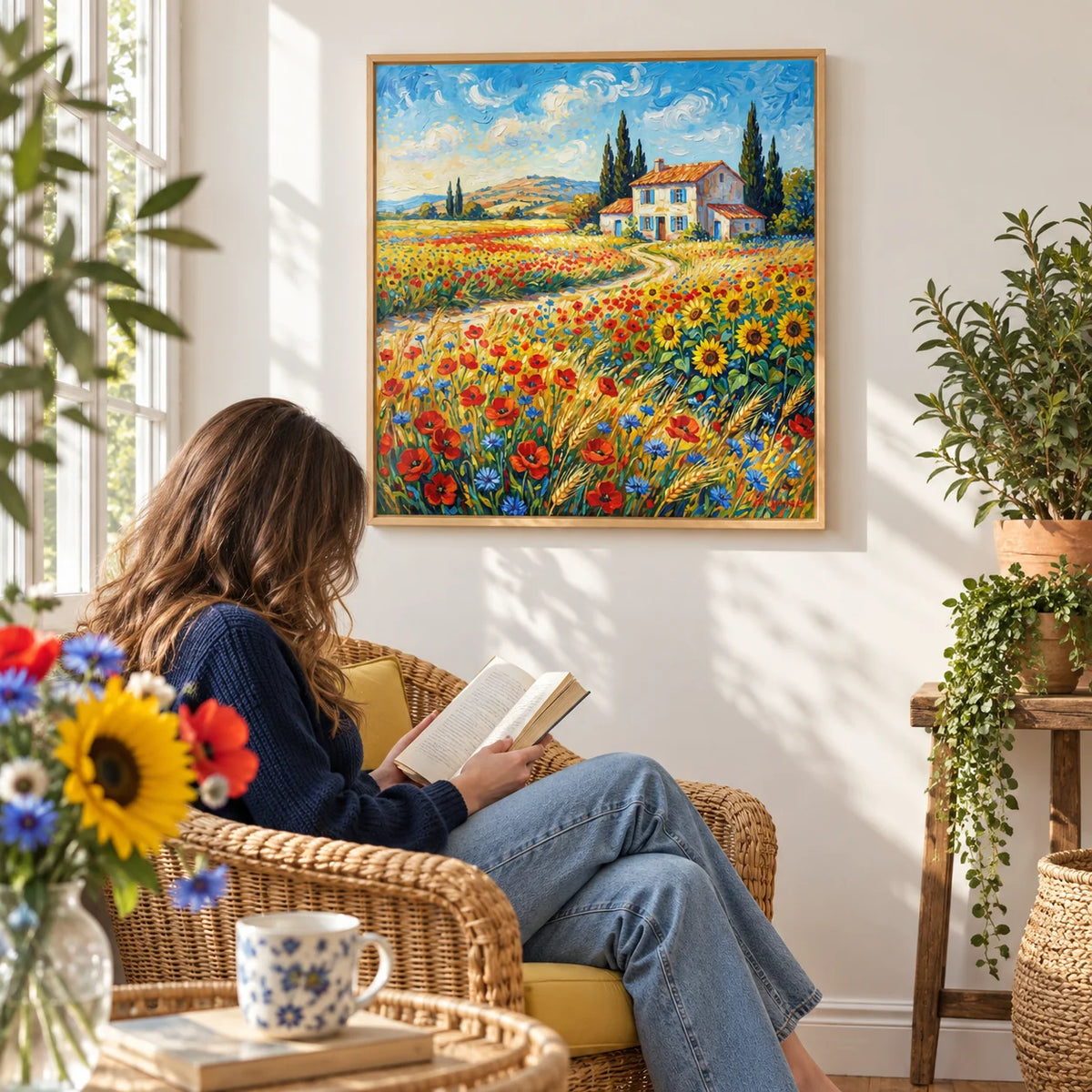 Vibrant Countryside Wall Art, framed on the wall of a bright garden sunroom with a white wall in a living room