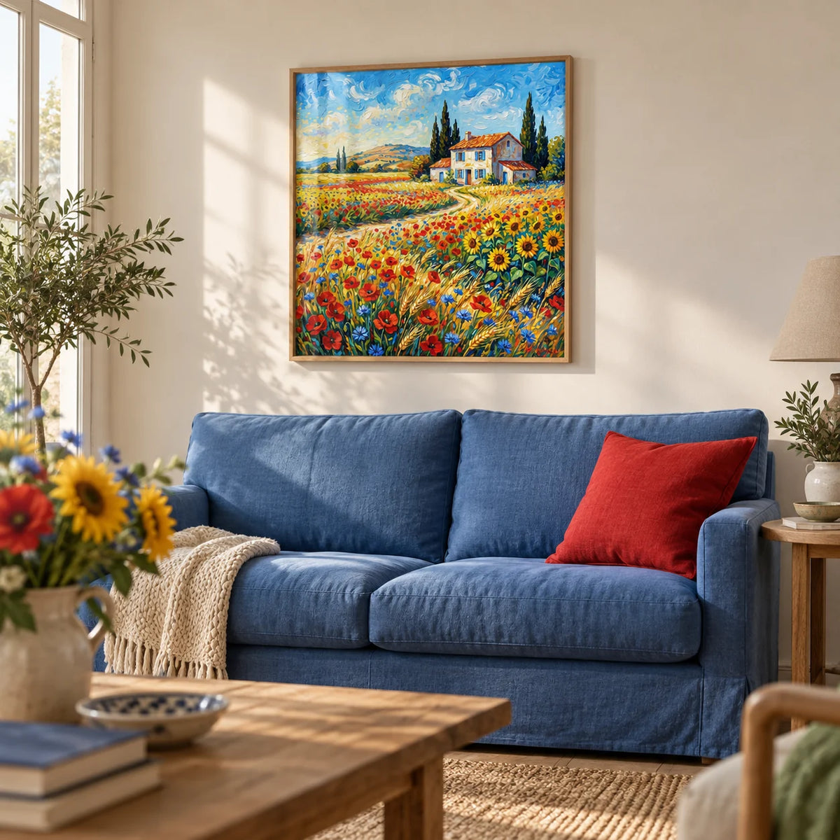 Vibrant Countryside Wall Art, framed on the wall of a calm country living room with a warm white wall