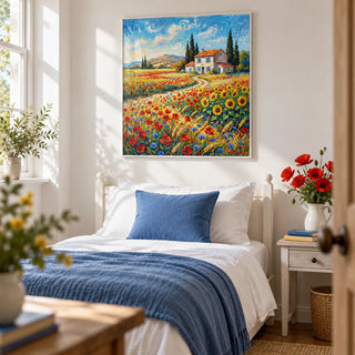 Vibrant Countryside Wall Art, framed on the wall of a fresh single guest bedroom with a soft white wall