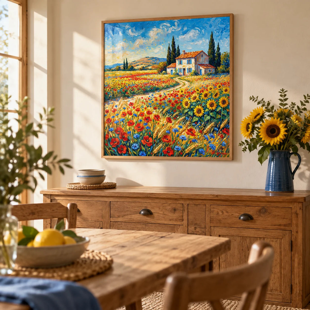 Vibrant Countryside Wall Art, framed on the wall of a rustic dining room with a cream wall
