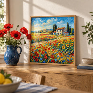 Vibrant Countryside Wall Art, a small A4 framed print leaning on an oak shelf in a living room