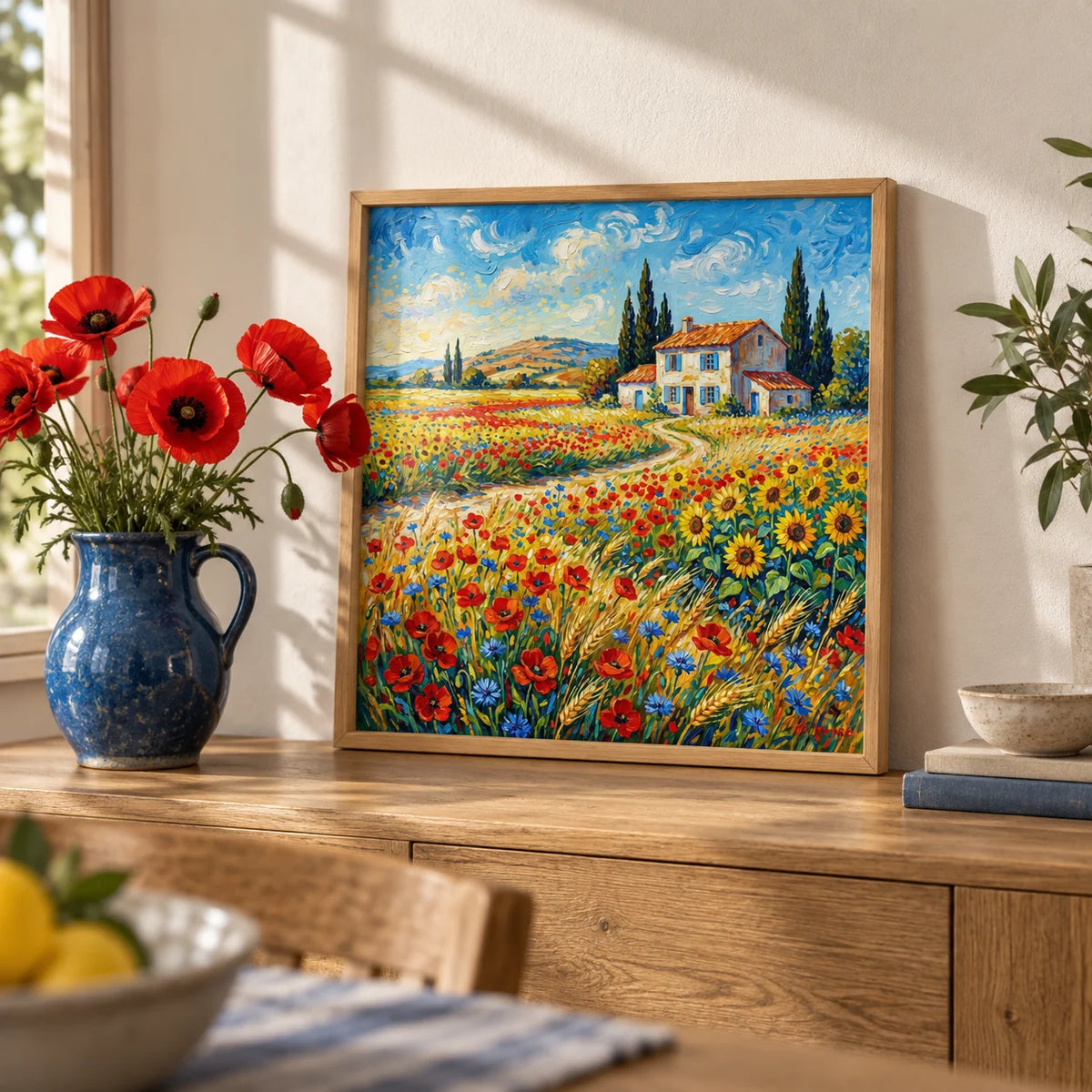 Vibrant Countryside Wall Art, a small A4 framed print leaning on an oak shelf in a living room