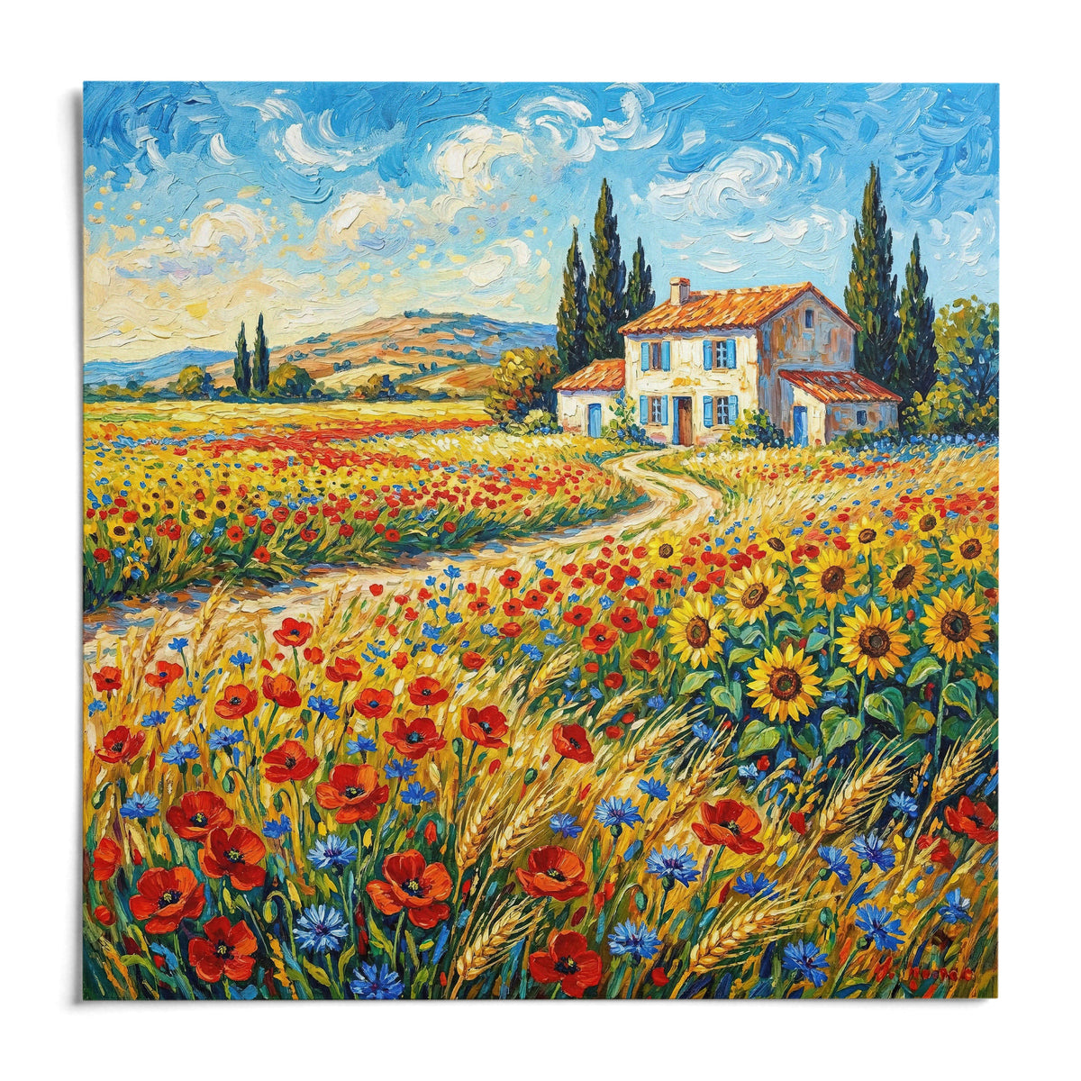 Vibrant Countryside Wall Art, shown as an unframed paper print on a plain white background