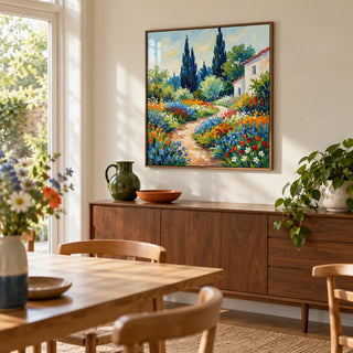 Vibrant Flower Art Print, framed on the wall of a bright dining room in a renovated UK semi with an ivory wall and garden-facing windows