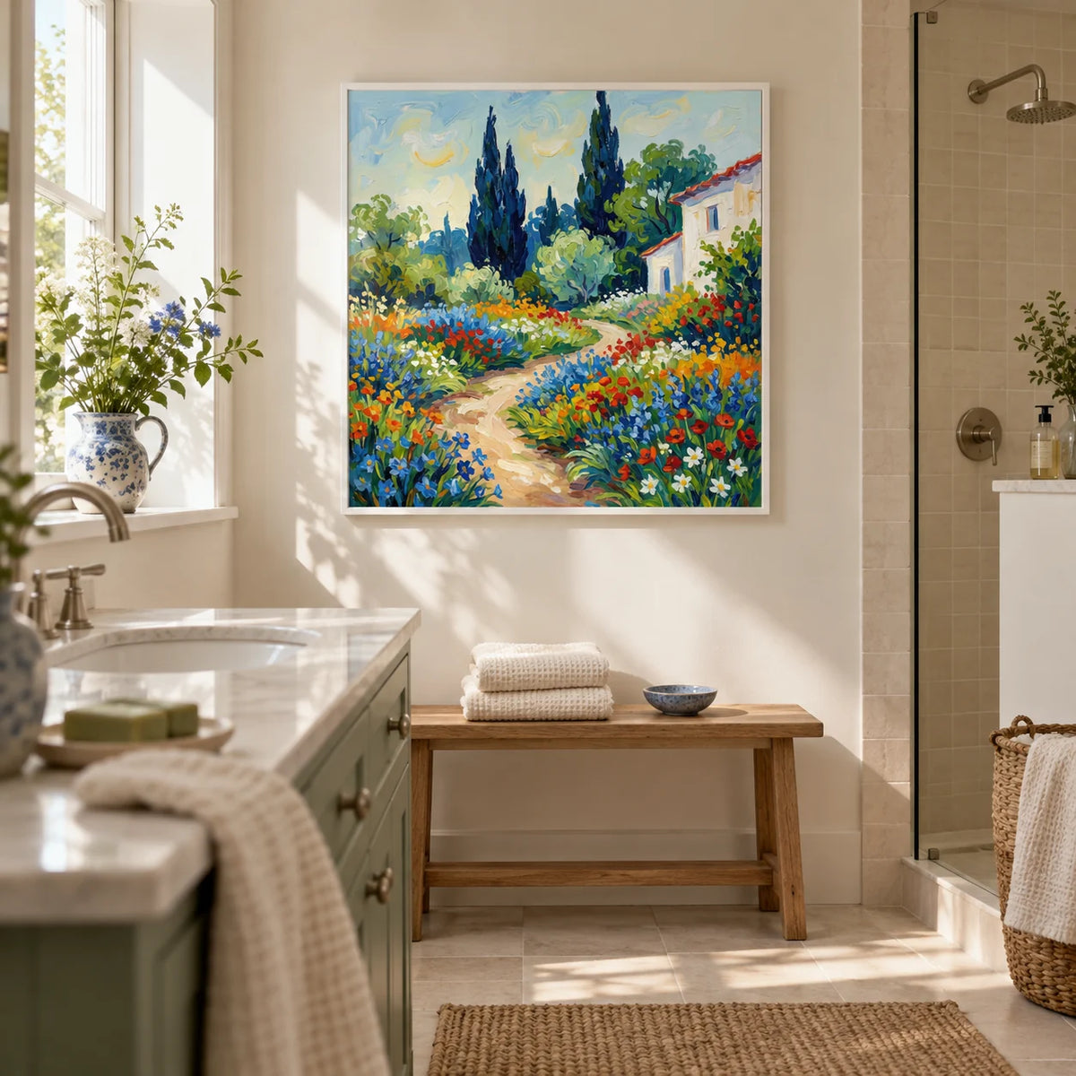 Vibrant Flower Art Print, framed on the wall of a light bathroom in a British cottage renovation with warm white walls