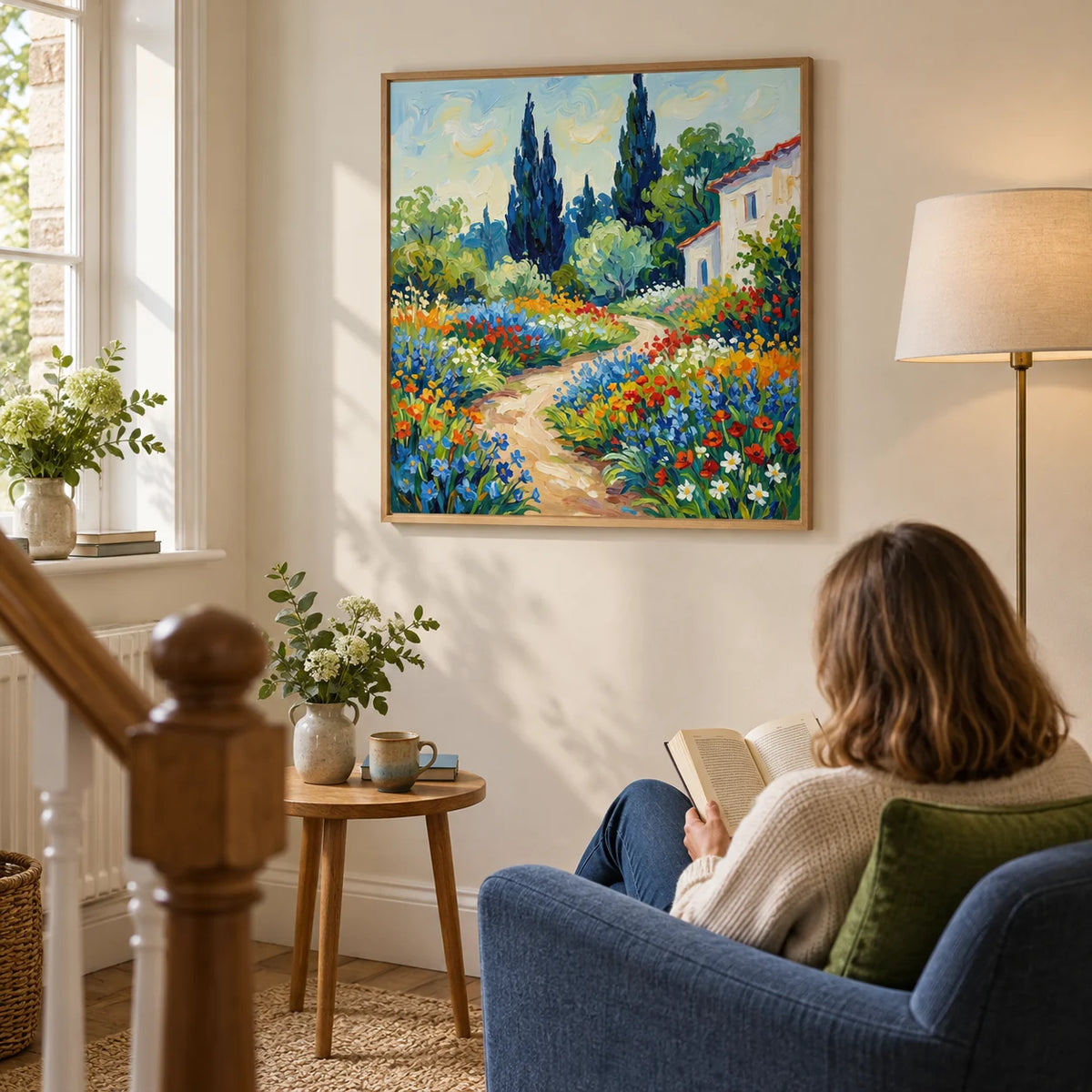 Vibrant Flower Art Print, framed on the wall of a quiet reading corner on a spacious landing in a characterful UK home with a cream wall in a living room