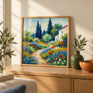 Vibrant Flower Art Print, a small A4 framed print leaning on an oak side table in a hallway