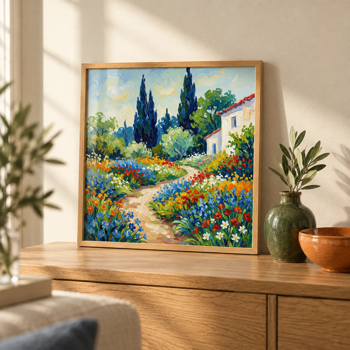 Vibrant Flower Art Print, a small A4 framed print leaning on an oak side table in a hallway