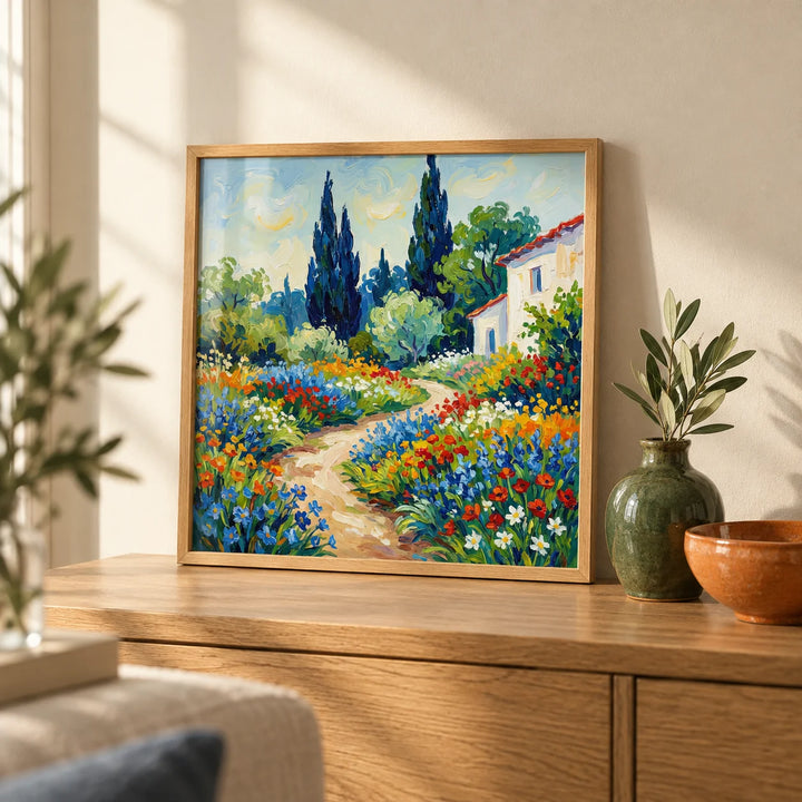 Vibrant Flower Art Print, a small A4 framed print leaning on an oak side table in a hallway