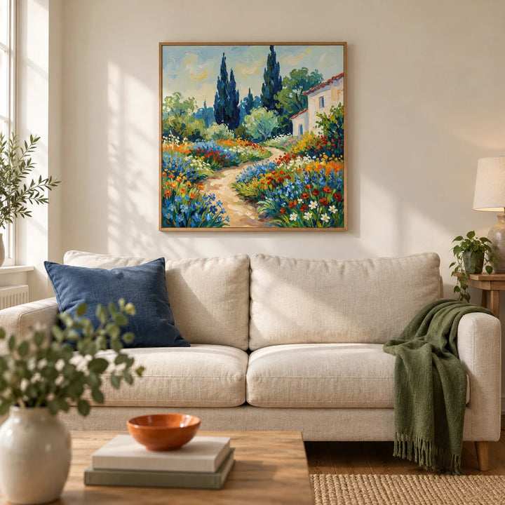 Vibrant Flower Art Print, framed on the wall of a welcoming living room in a British terraced house with warm white plaster walls and stripped oak floorboards