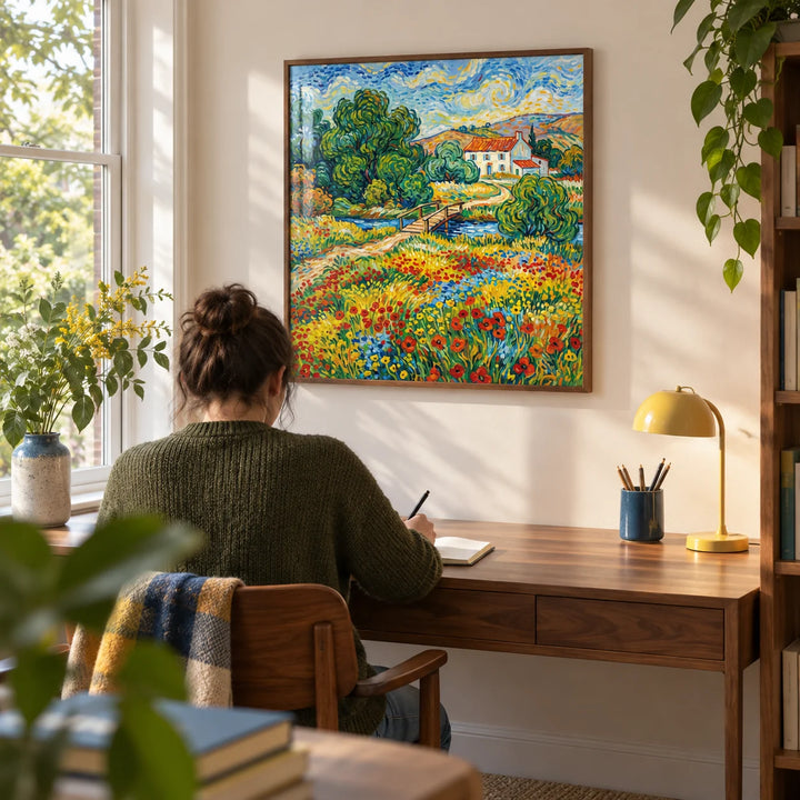 Vibrant Landscape Art, framed on the wall of a bright home study in a UK flat with warm white walls and a garden-facing window