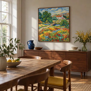 Vibrant Landscape Art, framed on the wall of a characterful dining room in a UK family home with pale warm grey walls and a wide window