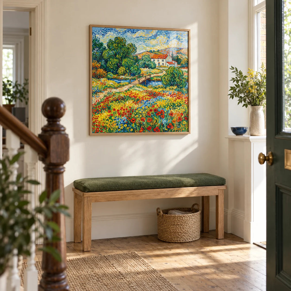 Vibrant Landscape Art, framed on the wall of a light entrance hallway in a UK Victorian terrace with pale cream walls and timber floorboards