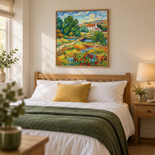 Vibrant Landscape Art, framed on the wall of a restful adult bedroom in a UK semi-detached home with soft ivory walls