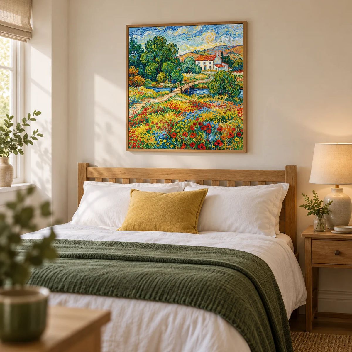 Vibrant Landscape Art, framed on the wall of a restful adult bedroom in a UK semi-detached home with soft ivory walls