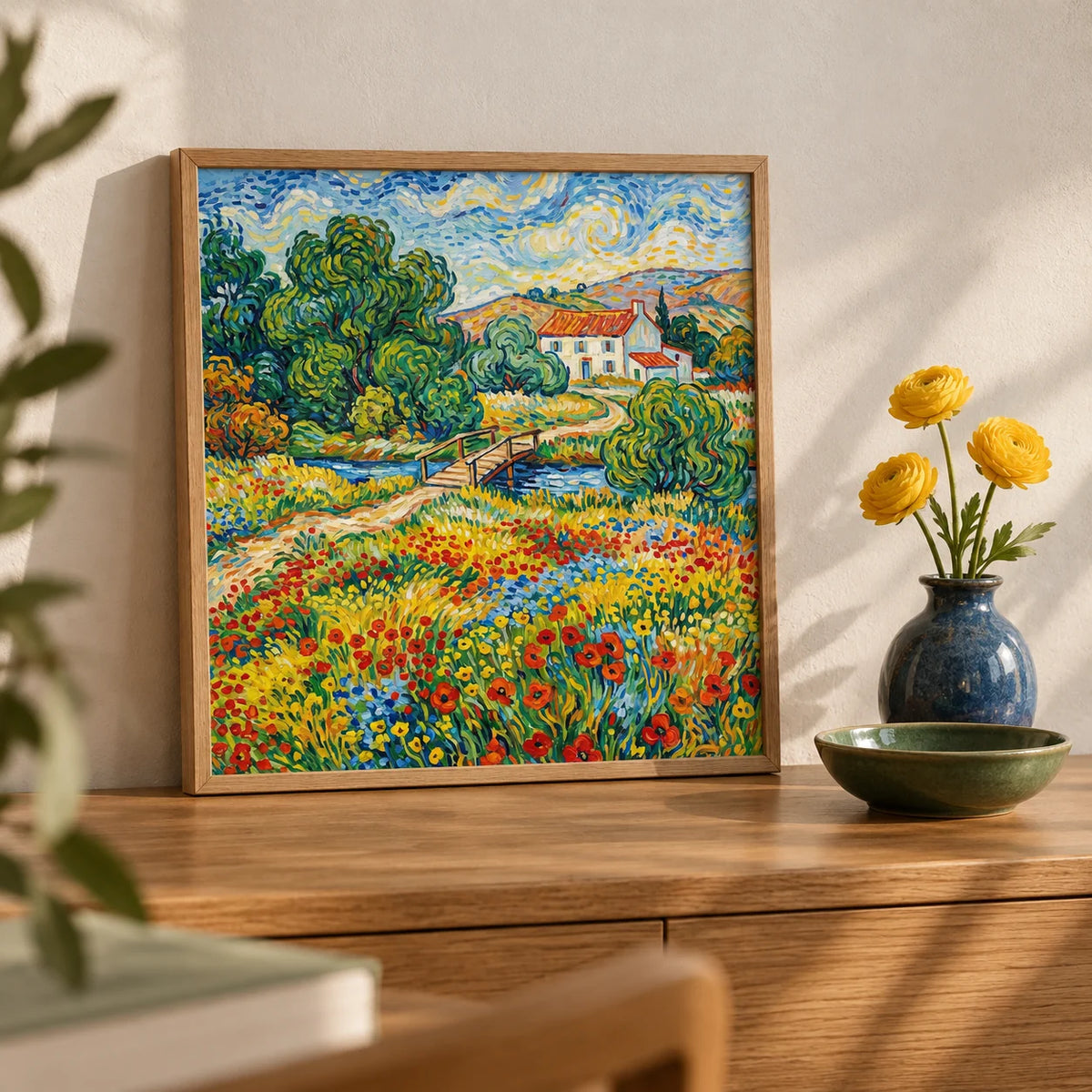 Vibrant Landscape Art, a small A4 framed print leaning on an oak sideboard in a living room