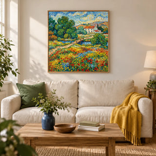 Vibrant Landscape Art, framed on the wall of a welcoming living room in a UK terraced house with warm white plaster walls and oak floorboards