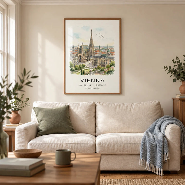 Vienna Cityscape Art Print, framed on the wall of a calm living room in a UK Victorian terrace with a warm ivory wall