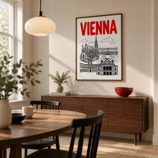 Vienna Cityscape Print, framed on the wall of a compact dining room in a renovated UK terrace with a warm white wall and pale timber floor