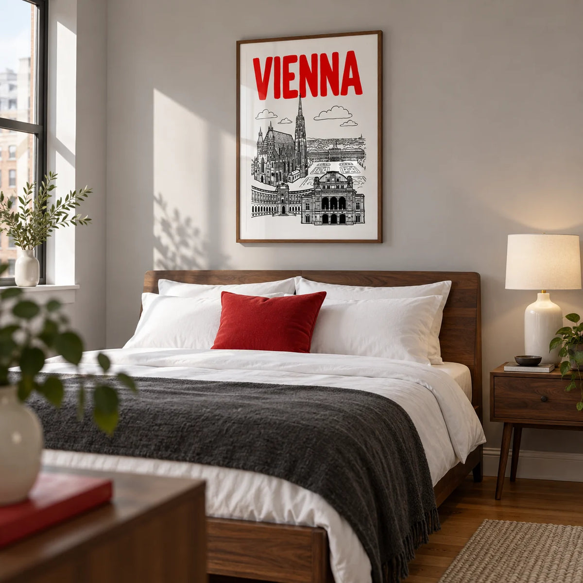 Vienna Cityscape Print, framed on the wall of a crisp adult bedroom in a UK city flat with a pale grey wall and warm timber floor