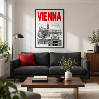 Vienna Cityscape Print, framed on the wall of a modern living room in a UK city flat with white walls