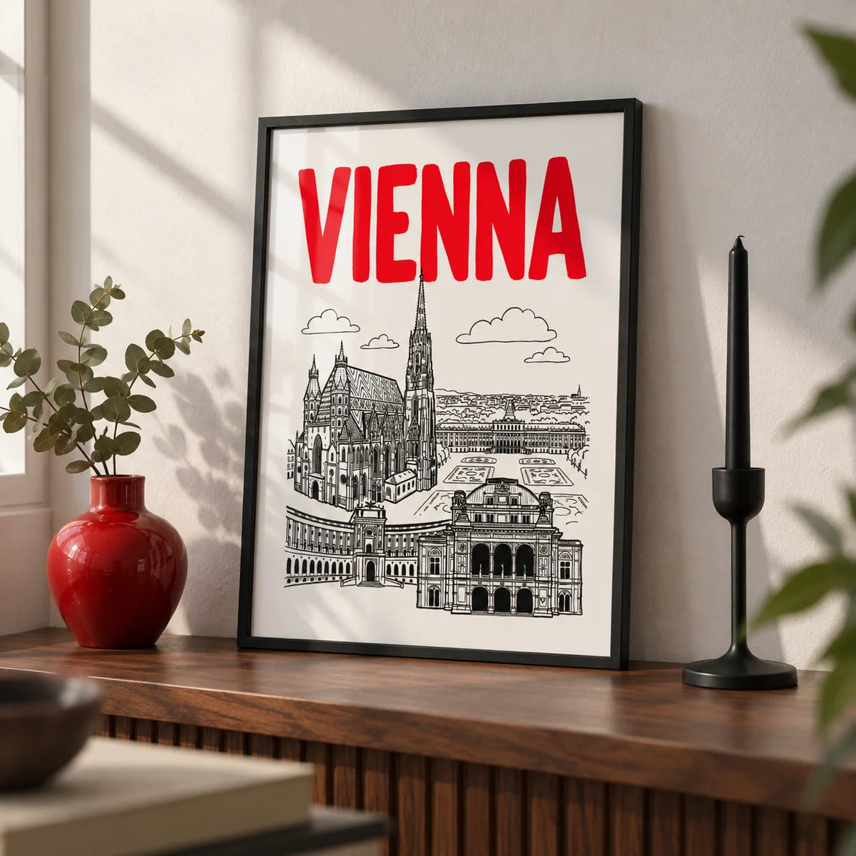 Vienna Cityscape Print, a small A4 framed print leaning on a walnut shelf in a living room