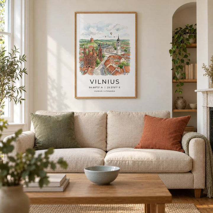 Vilnius City Print, framed on the wall of a calm living room in a UK Victorian terrace with warm white plaster walls