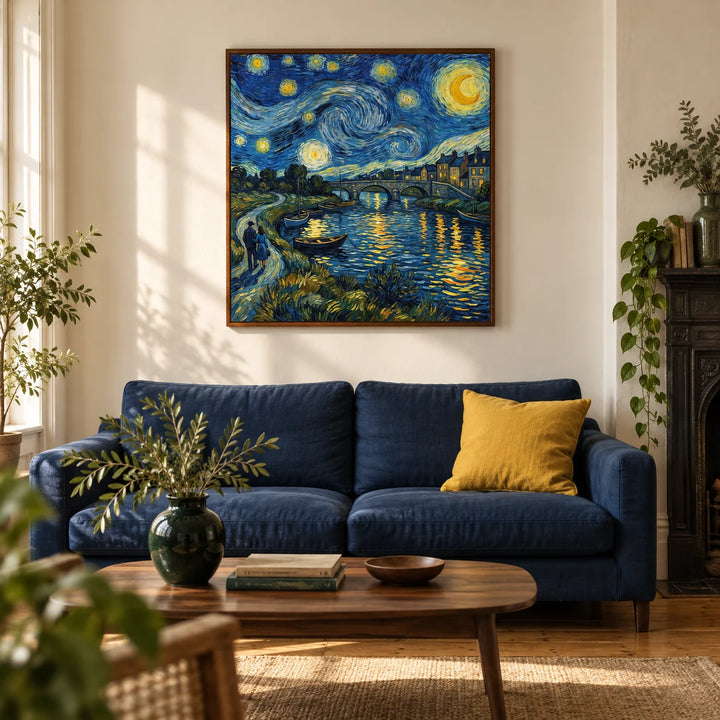 Vincent Van Gogh Poster, framed on the wall of a characterful living room in a Victorian terrace with warm white plaster walls