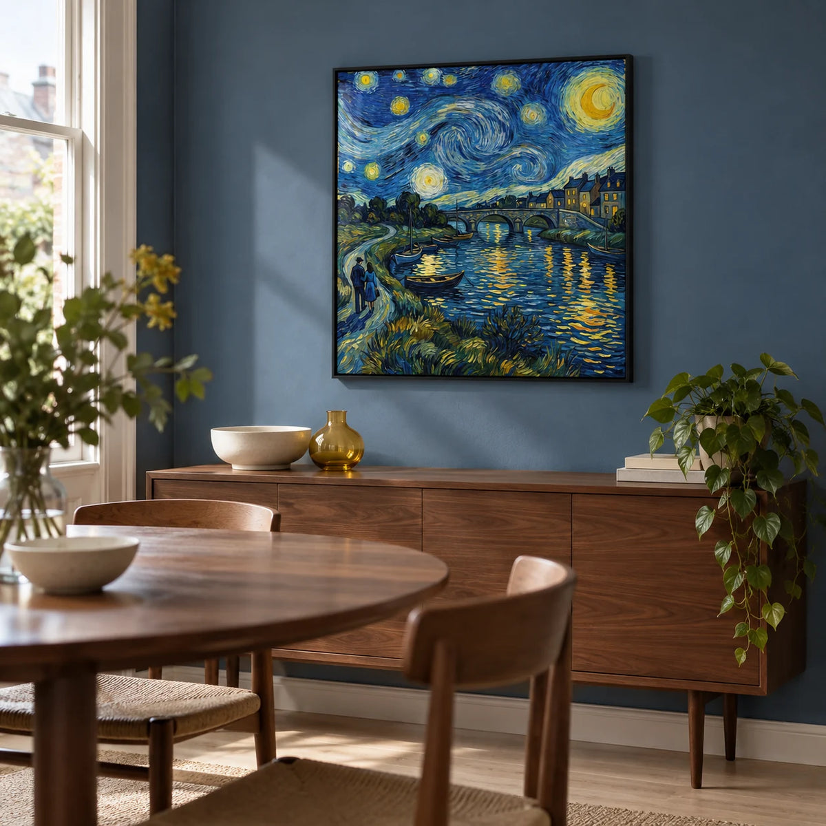 Vincent Van Gogh Poster, framed on the wall of a compact dining room in a design-conscious UK flat with a muted blue wall and pale timber flooring