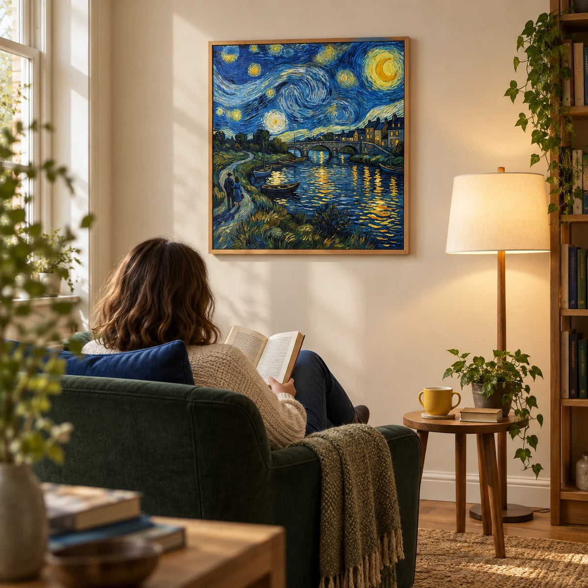Vincent Van Gogh Poster, framed on the wall of a quiet reading corner in a converted terrace with a warm cream wall and an oak floor in a living room