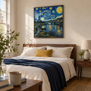 Vincent Van Gogh Poster, framed on the wall of a restful adult bedroom in a UK townhouse with soft cream walls and plain oak floorboards