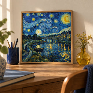 Vincent Van Gogh Poster, a small A4 framed print leaning on a small oak writing desk