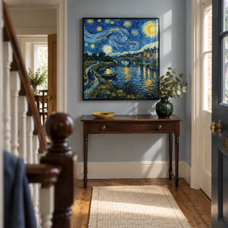 Vincent Van Gogh Poster, framed on the wall of a welcoming narrow hallway in a period UK terrace with a pale blue wall