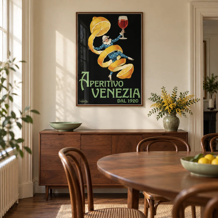 Vintage Aperitivo Print, framed on the wall of a warm dining room in a Victorian terrace with cream plaster walls and walnut floorboards