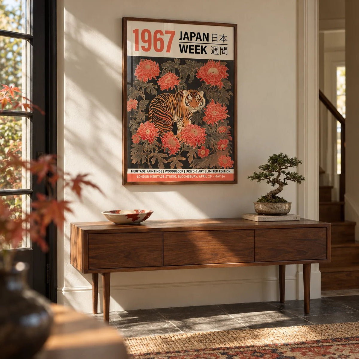 Vintage Asian Wall Art, framed on the wall of a characterful hallway