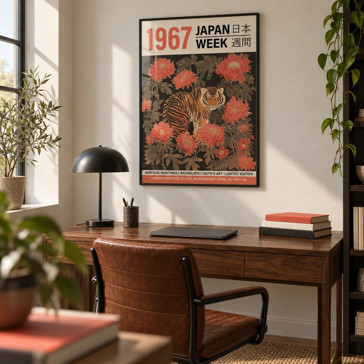 Vintage Asian Wall Art, framed on the wall of a home office