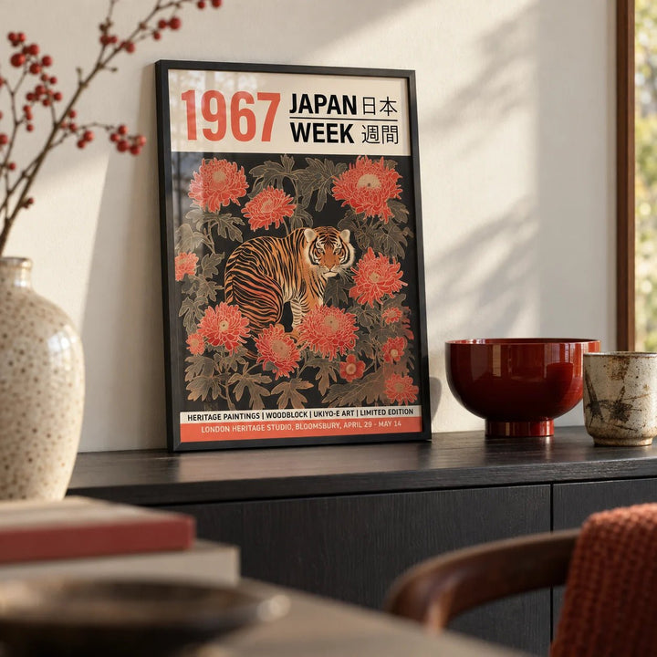 Vintage Asian Wall Art, a small A4 framed print leaning on a dark shelf in a living room