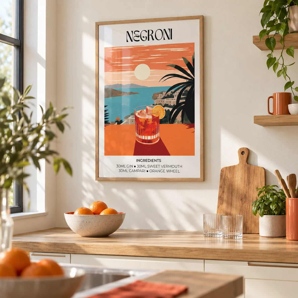 Vintage Bar Artwork, framed on the wall of a bright modern kitchen with a cream wall and a pale oak worktop