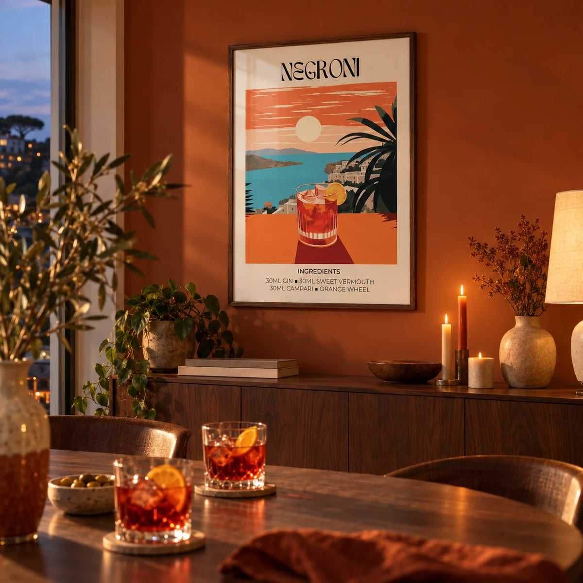 Vintage Bar Artwork, framed on the wall of a dining room in the evening with a burnt orange painted wall