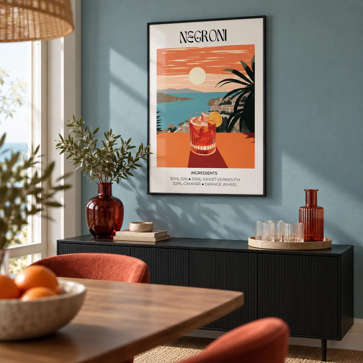 Vintage Bar Artwork, framed on the wall of a modern dining corner with a soft sea blue wall