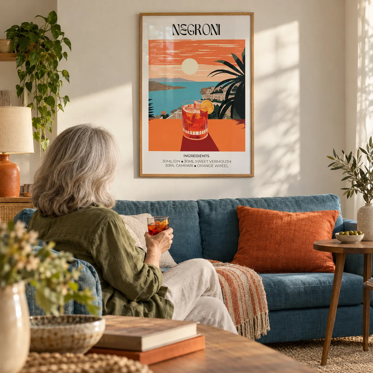Vintage Bar Artwork, framed on the wall of a relaxed living room with a warm white wall
