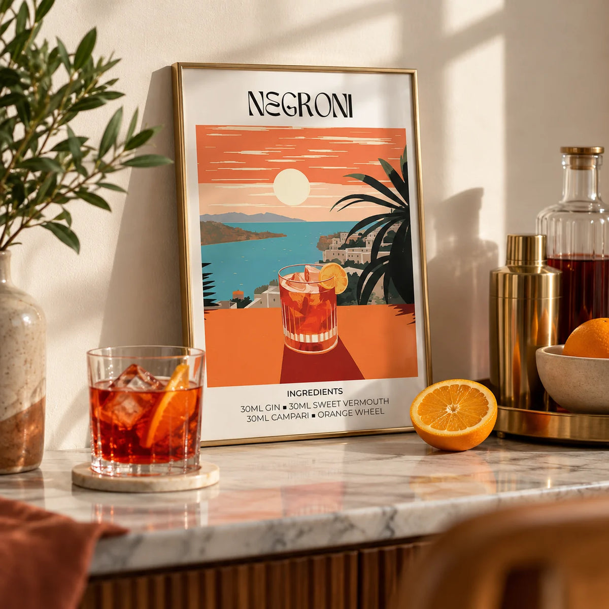 Vintage Bar Artwork, a small A4 framed print leaning on a marble-topped bar shelf in a living room