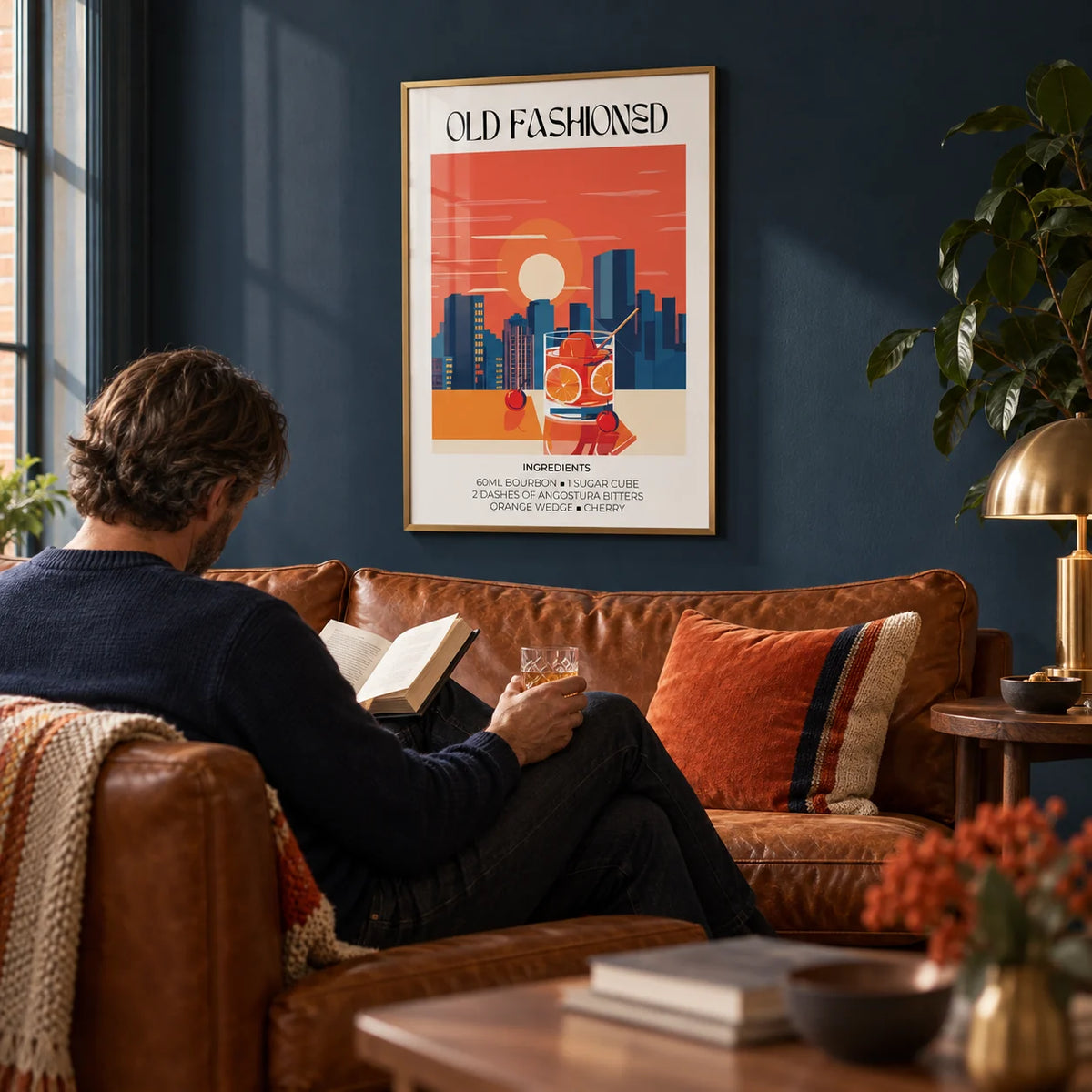 Vintage Bar Wall Art, framed on the wall of a cosy lounge with a navy wall