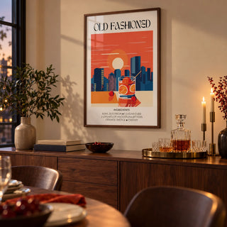 Vintage Bar Wall Art, framed on the wall of an evening dining room with a warm cream wall